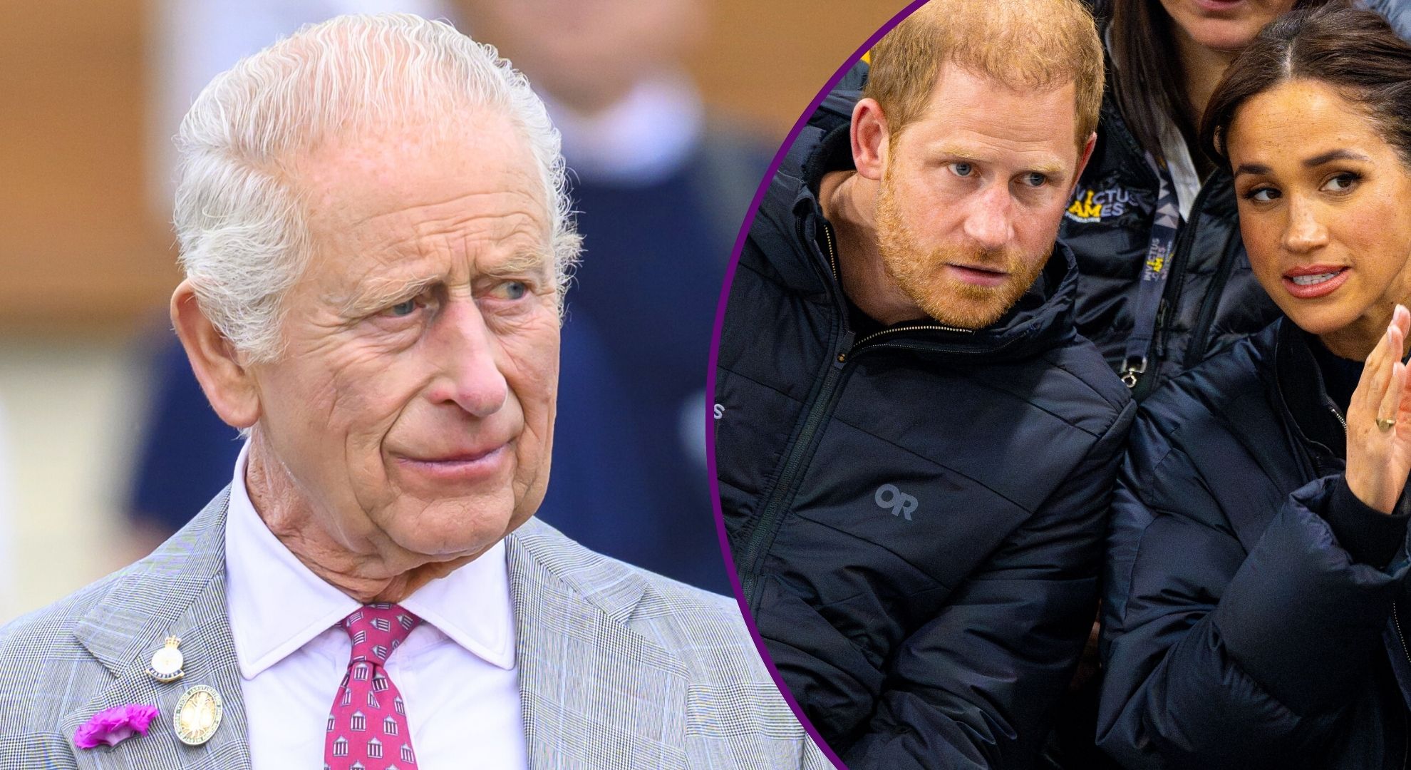 RI composite of King Charles, Prince Harry and Meghan Markle at events