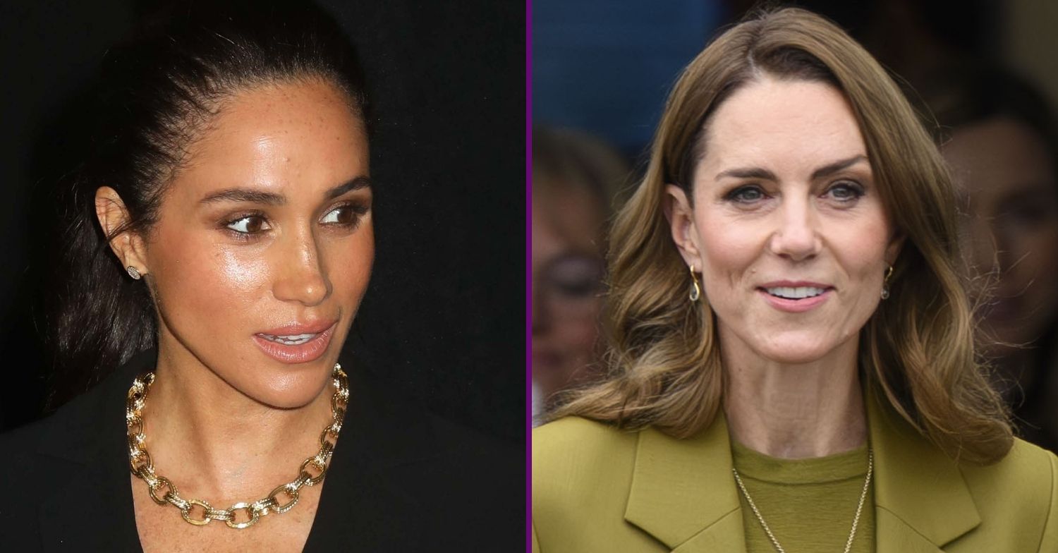 Ri Composite: Meghan Markle with a shocked expression beside a smiling Princess Kate